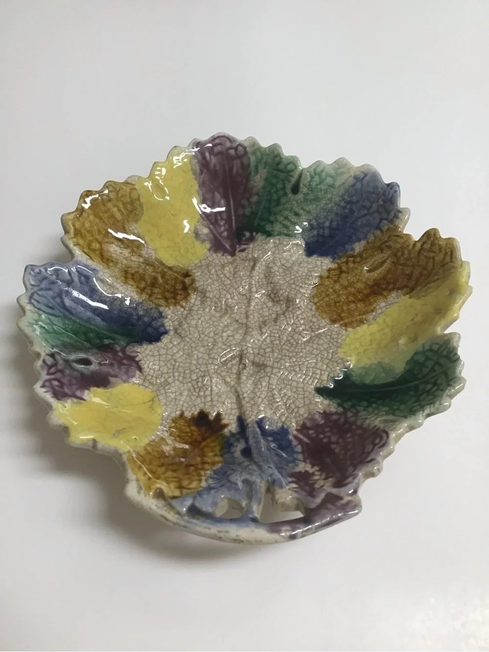 Antique Majolica Leaf Plate 1880's ? Morley & Co. Wellsville OH  7x7” Colorful